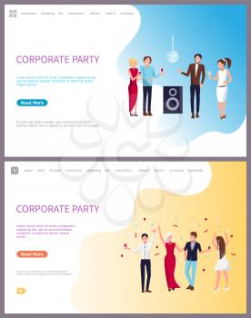 Corporate party, businessmen and businesswomen clubbing together vector. People throwing confetti, having fun listening to music at club and dancing