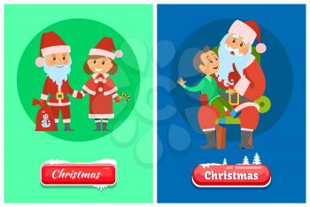 Christmas greeting pages, Santa Claus and Snow Maiden in red holiday costumes, kid sitting on laps vector. Boy child making wish to Saint Nicholas