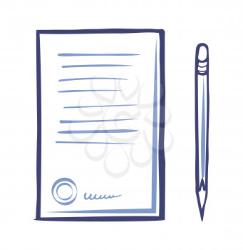 Contract paper icon and sharp pencil isolated vector. Document list with font signs, written scribble text on sheet. File with note, template of letter