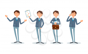 Businessman showing presentation plan, company strategy on paper page vector. Boss talking on mobile phone, carrying documents and briefcase in hand