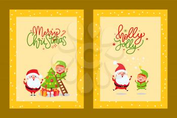 New Year greetings from Santa Claus and Elf, decorating xmas tree, jumping up. Merry Christmas cards with holiday spirit and cartoon character, vector