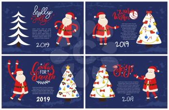 Holly Jolly greeting card with Santa pointing on tree. Merry Christmas and Happy New Year 2019 wishes, Xmas abstract spruces, holiday vector postcards