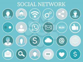 Social network profiles isolated icons vector set. Share sign, wifi connection and dollar, cell phone and message. Searching engine, chatting box
