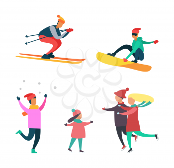 Winter hobbies and activities of people isolated set vector. Skiing and skating, snowboard man on board made of wood. Kid and parents family time