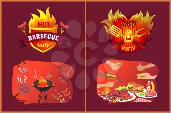Bbq party emblems in flame, food on grill. Fried meat with fish, burgers and hot dog in hands. Roasted products or vegetables vector illustrations.