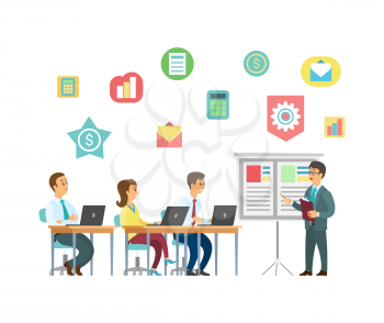 Business training vector, coach and students with laptops. Entrepreneurs and screen with presentation, message and calculator, graphics and dollar sign