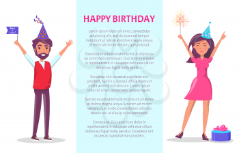 Happy birthday poster, man and woman in cartoon cone shape hats with raised up hands greeting everyone. Male with flag on party and female with sparkler