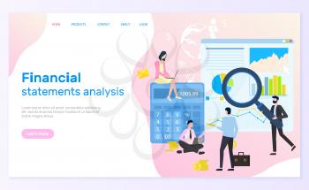 Financial statement analysis vector, statistical graphics and calculations. Web page and magnifier, diagram and chart, businessman and businesswoman. Website template landing page in flat
