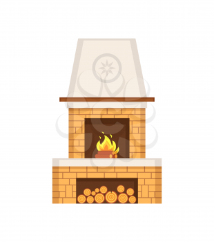 Fireplace made of brick construction with chimney vector. Pipe for vent of smoke, yellow structure with fire flames and logs in specially built storage