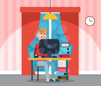 Programmer at home working on computer vector. Home interior with curtains and window view on city, lamp and clock. Business promotion, male student
