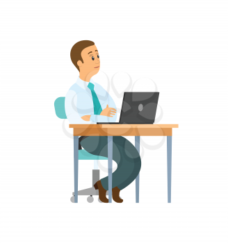 Man sitting on chair at table with computer with crossed hands. Isolated office worker at work place, open notebook on desktop vector male person in tie