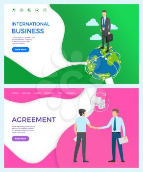 International collaboration for improvement business. Agreement, social networking allows to reach potential customers. Vector businessman shaking hands. Website, webpage template landing page in flat