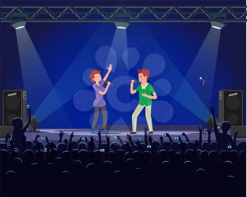 Performers singing song with microphone on scene in cartoon style. Singers man and woman and people recording show. Stage with light effects vector