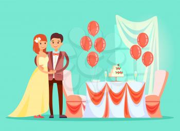Celebration of wedding vector, marriage ceremony reception. Bride and Groom standing by table with cake and strawberries, balloons and window veil