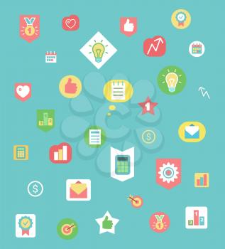 Business icons pattern, work items and graphics vector. Idea symbol or light bulb, medal and calculator, message and dollar sign, thumb up and target in flat style