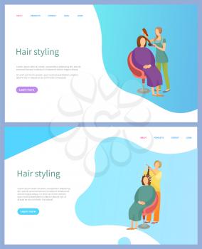 Hair styling services vector, straightening and curling. Hairdresser or stylist in apron and female client, beauty service online appointment order. Website or webpage template landing page in flat