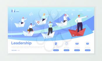 Business and leadership wep page or web site template vector. Businessmen and businesswomen in paper ships pointing forward, career success landing page