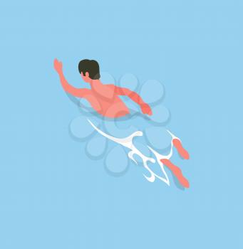 Sportsman boy on training, athletic guy in swimsuit, summertime sport activities, freestyle swimmer on rest. Man swimming butterfly in blue water, vector