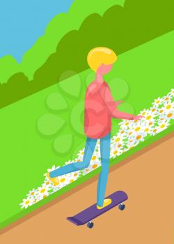 Person standing on skateboard, man or woman character in casual clothes going on skate, back view of child on skate, eco transport, skateboarder vector