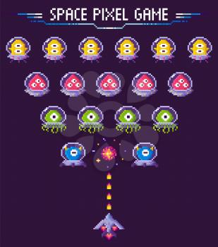 War of ufo and pixelated spaceship, ship shooting, screen of video-game, bomb of monster, cosmic object on purple, 8 bit fly element, pixel game, rocket with laser vector