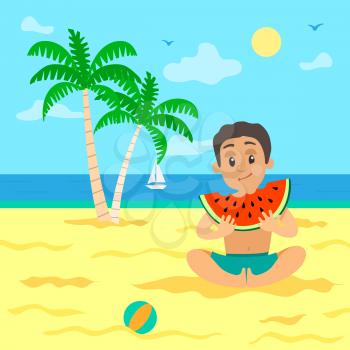 Child on summer vacations vector, kid eating watermelon fruit, slice with seeds. Fruity meal on beach, sailboat and palm trees foliage, ball on sand