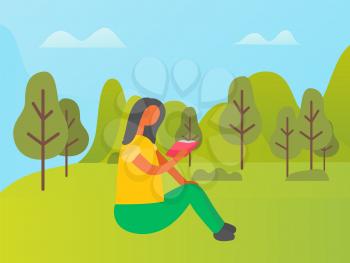 Girl reading book in park, woman in casual clothes sitting on grass. Cloudy sky and green trees, flat design style, relaxation or studying outdoor vector