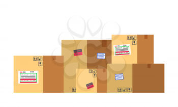 Set of box containing product vector, isolated delivering container with fragile emblem and adhesive tape flat style. Delivery and shipment of cargo, empty package boxing