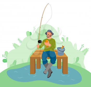Man fisher sitting on pier with fishing rod and basket with just caught fish. Vector lake or pond, fishery concept illustration. Bearded guy in hat with catch