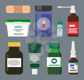 Medicine bottles and boxes with healing liquids syrups. Medicamentation in glass and plastic containers. Treatment of patients vector illustration