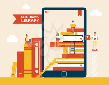 Electronic library books set poster, e-book screen with people reading publications, ladder and bookmarks, e-learning device vector illustration