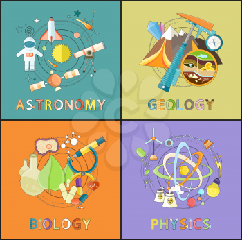 Biology lab and workplace concept. Space and astronomy equipment. Pick, compass and geology tools, atoms and lights, radioactive and air energy vector