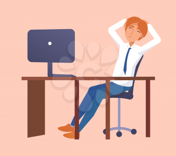 Office work poster with man resting at workplace vector illustration of worker sitting on chair at table with computer isolated on pink hands over head