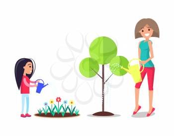 Mother and daughter working in garden together. Mom watering tree, girl taking care blooming flowers from water can vector illustration isolated,