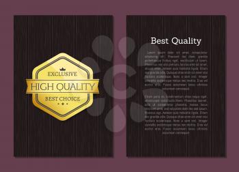 Best quality great choice premium golden label, text sample isolated on wooden background. Vintage medal with crown, insignia gold seal design on poster