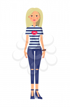 Blonde girl in stylish casual summer clothes. Woman in striped t-shirt and ripped jeans. Girl in modern outfit isolated cartoon vector illustration