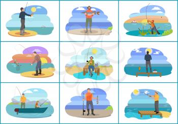 Fishing people surrounded by nature and seascapes. Images set man wearing special uniform and hats. Males floating on blue boat vector illustration