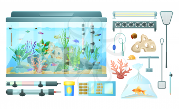 Aquarium and its elements isolated on white banner vector illustration of equipment for domestic fish house, filter thermometers and decorative stones