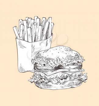 Hamburger and french fries monochrome sketches outline icons set. Fried potatoes combined with big burger made of bun and meat vector illustration