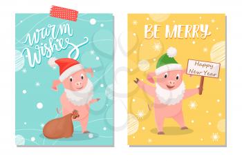Cartoon pig in hat and in Santa Claus beard with greeting card wishes Happy New Year. Piglet with bag on winter background with snowflakes vector