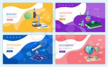 Biology discipline, school subjects, astronomy vector. Geography lessons, chemistry studies, discoveries and laboratory experiments. College education
