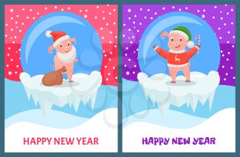 Happy New Year, pig carrying sack with presents vector. Piglet wearing knitted sweater with reindeer print, Santa Claus hat on head. Snowfall outside