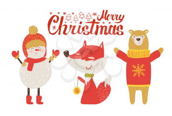 Merry Christmas postcard, retro animals in cartoon style. Smiling snowman in winter hat, fox playing with Xmas ball, bear in sweater with snowflake vector