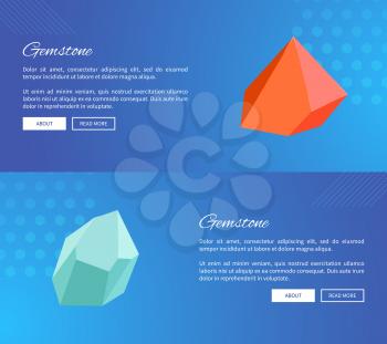 Gemstone webpages design with push buttons about and read more, landing pages with precious stones minerals and crystals vector web posters set