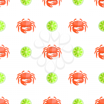 Crab and lime seamless pattern crab with claws of red color and lime, citrus with sour taste, pattern vector illustration isolated on white background