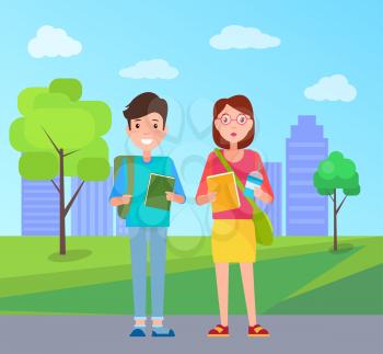 Boy and girl with books, happy students, buildings on backdrop vector illustration. Smiling students on background of skyscrapers in city park at spring