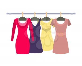 Vector illustration of dresses isolated on white, modern garment for females. Women s clothing store shop window with clothes gowns hanging on racks