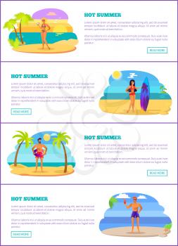 Hot summer vacations Internet promo banners. Men and women enjoy summer holidays on tropical beach web pages with sample text vector illustrations.