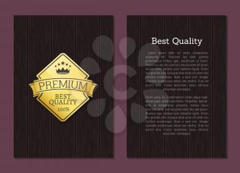 Best quality premium award golden label 100 guarantee isolated on wooden background vector poster design. Premium quality gold emblem on brown cover