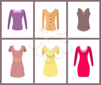 Womens warm casual tops and elegant dresses set. Sleeveless vest, soft sweaters and stylish dresses. Fashionable female clothes vector illustrations.