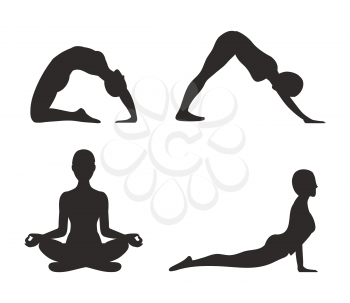 Yoga set of poses silhouette, woman and activities, calm exercises and yoga practice, collection vector illustration isolated on white background